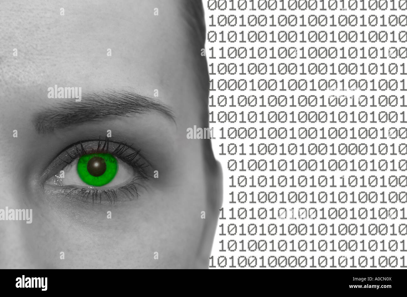 Digital composite of woman`s eye and binary codes Stock Photo